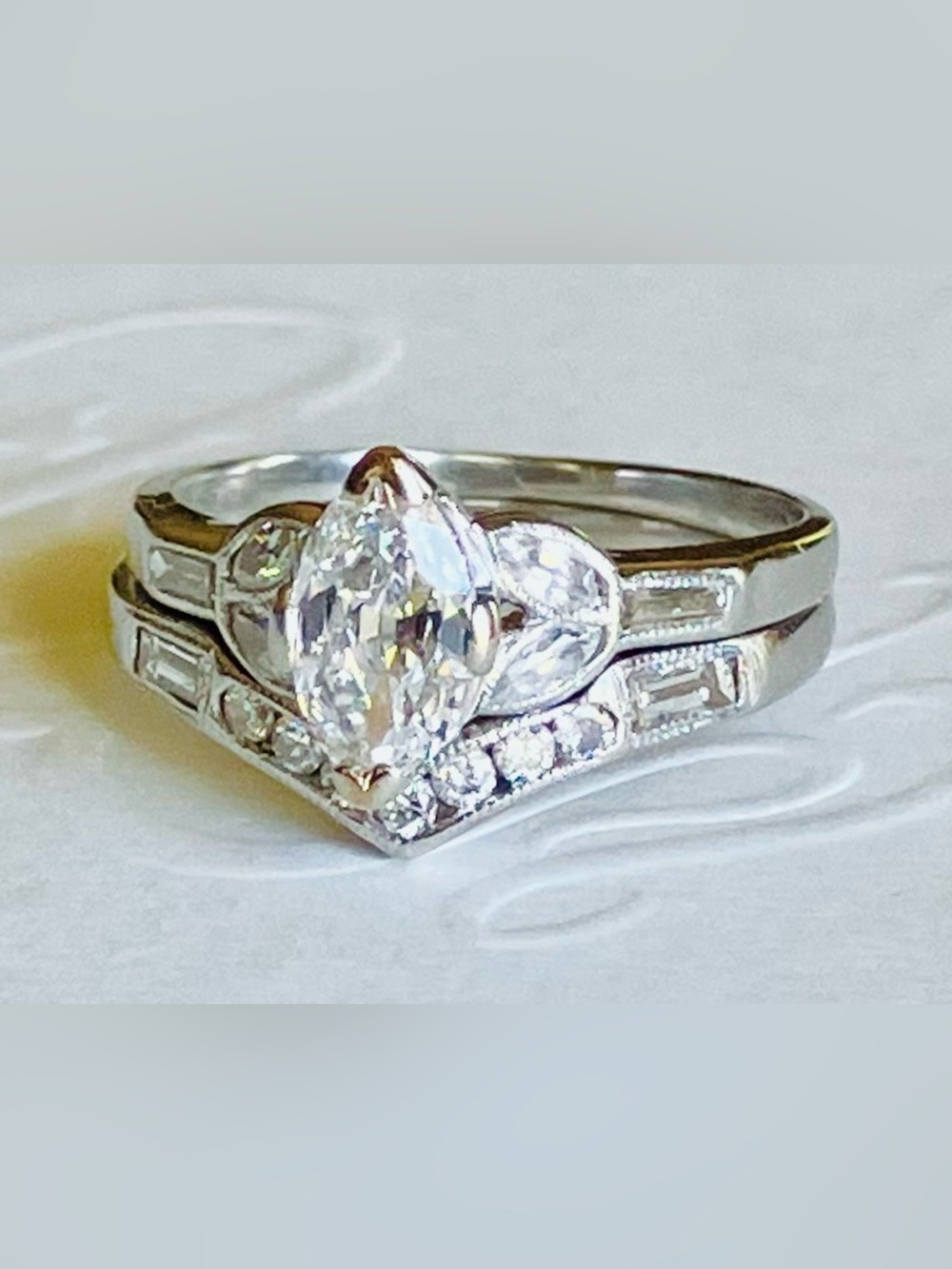 Antique Platinum European Cut Diamond Engagement Ring & Custom Diamond Band - Picture 2 of 6